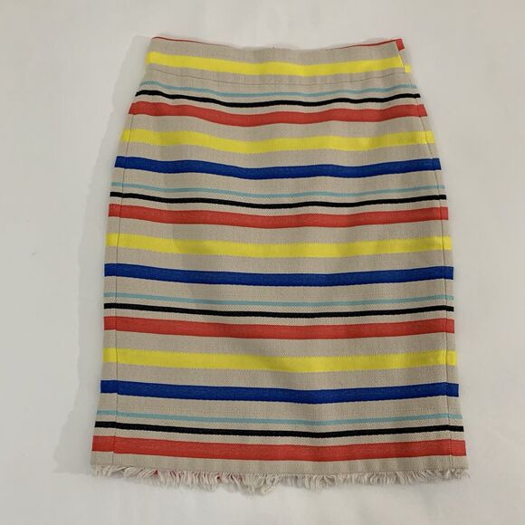 J Crew Pencil Skirt 2P 2 Petite Beige Colorful Stripe Rainbow Fringe Preppy Twee - Picture 1 of 8